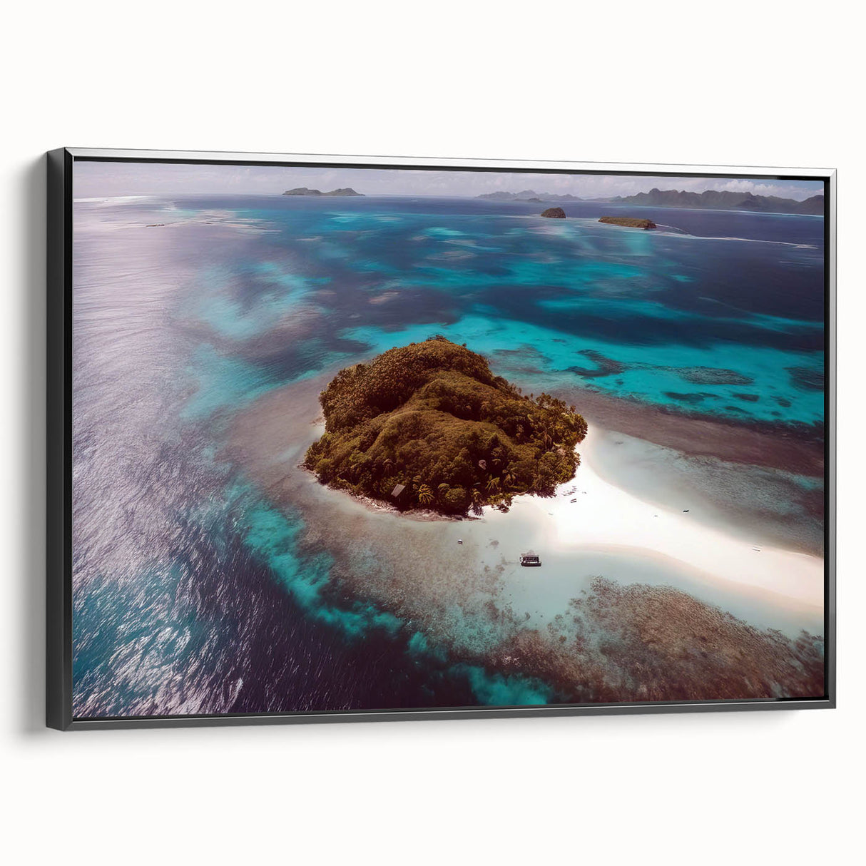 Black and white framed canvas depicting a vintage Fiji landscape, suitable for bedroom wall art.