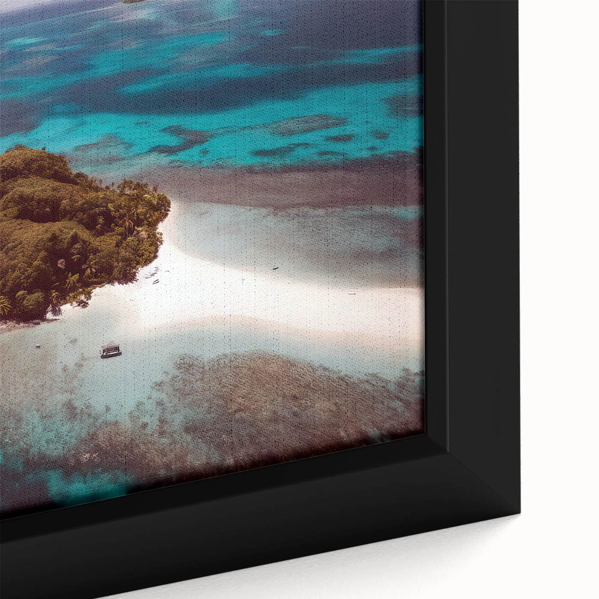 Extra large framed canvas depicting a textured, colorful Fiji scenery in black, ideal for living room decor.