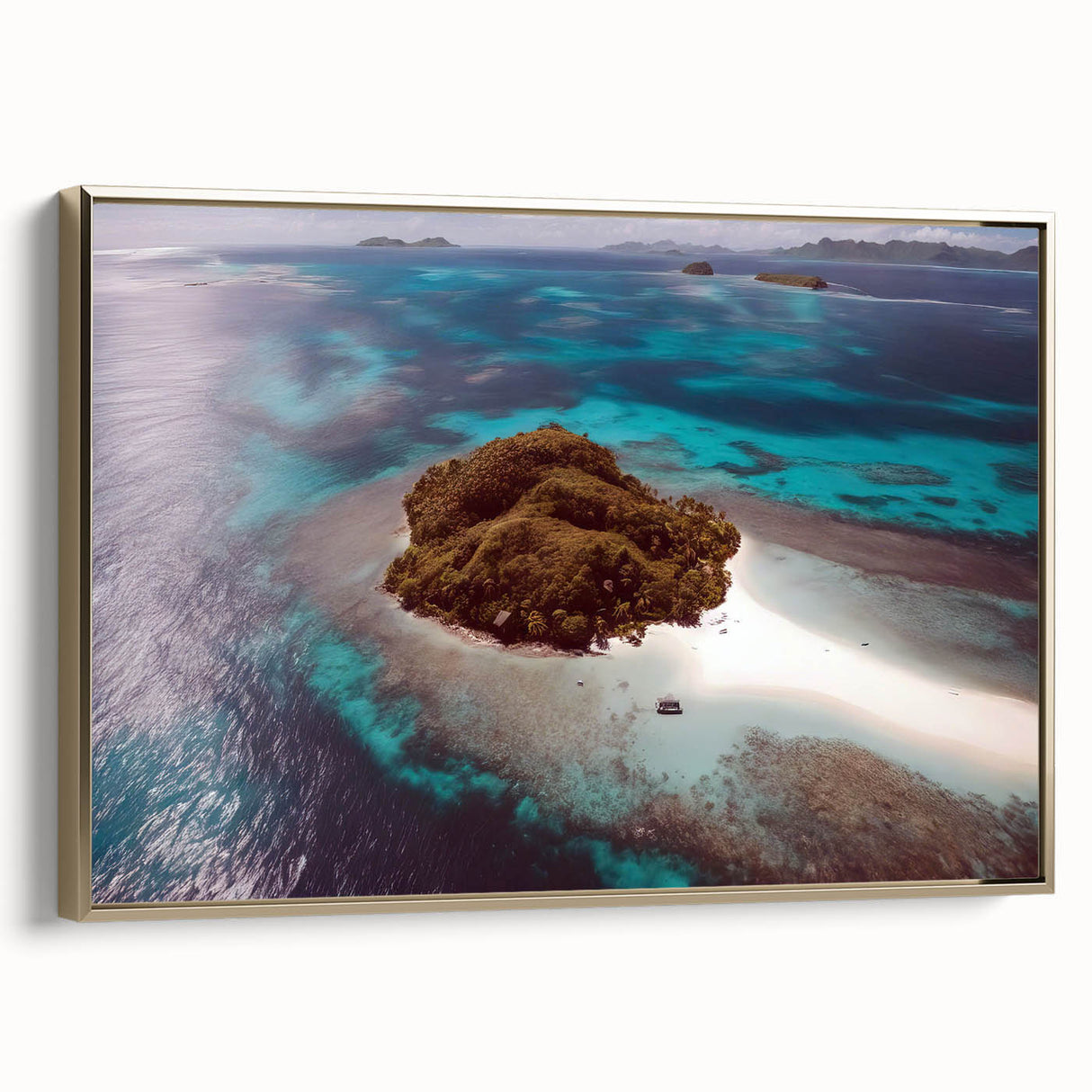 Framed canvas depicting a colorful vintage-style landscape painting of Fiji, ideal for enhancing a living room or hallway.