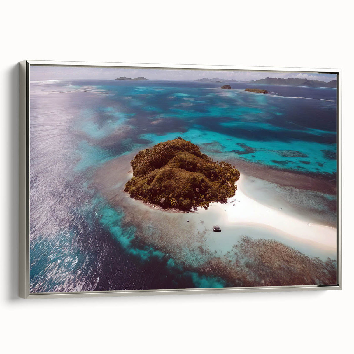 Framed canvas of a vintage-style landscape painting featuring the oceanic vistas of Fiji, in muted blues and grays.