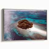 Framed canvas of a vintage-style landscape painting featuring the oceanic vistas of Fiji, in muted blues and grays.