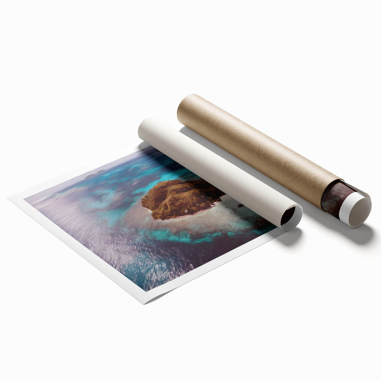 Extra large rolled print featuring a serene Fiji beach scenery with soft pastel shades, ideal for classy bathroom wall art.