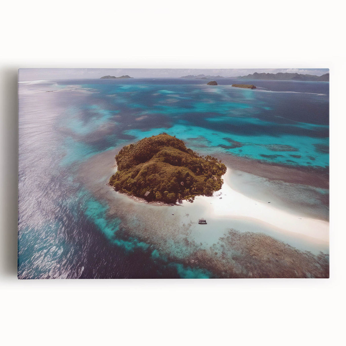 Black and white panoramic photo of Fiji coastline on stretched canvas, ideal for kitchen art.