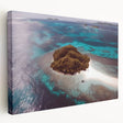 Side view of a stretched canvas depicting the serene Fiji oceanscape, in soothing blue and green tones.