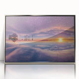 Mid-century modernist art of a Bolivian landscape in muted earth tones on a silver-framed acrylic.