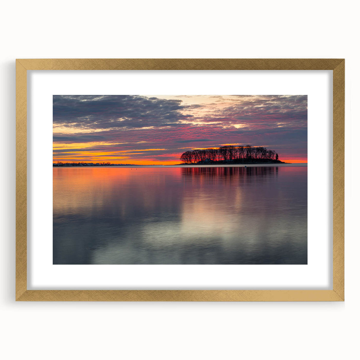 Extra large abstract art print of a textured Connecticut scenery in gold frame, suited for living room decor.