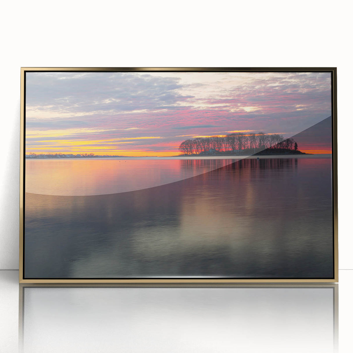 Large art print of a serene Connecticut landscape in muted green and blue tones on a framed acrylic.