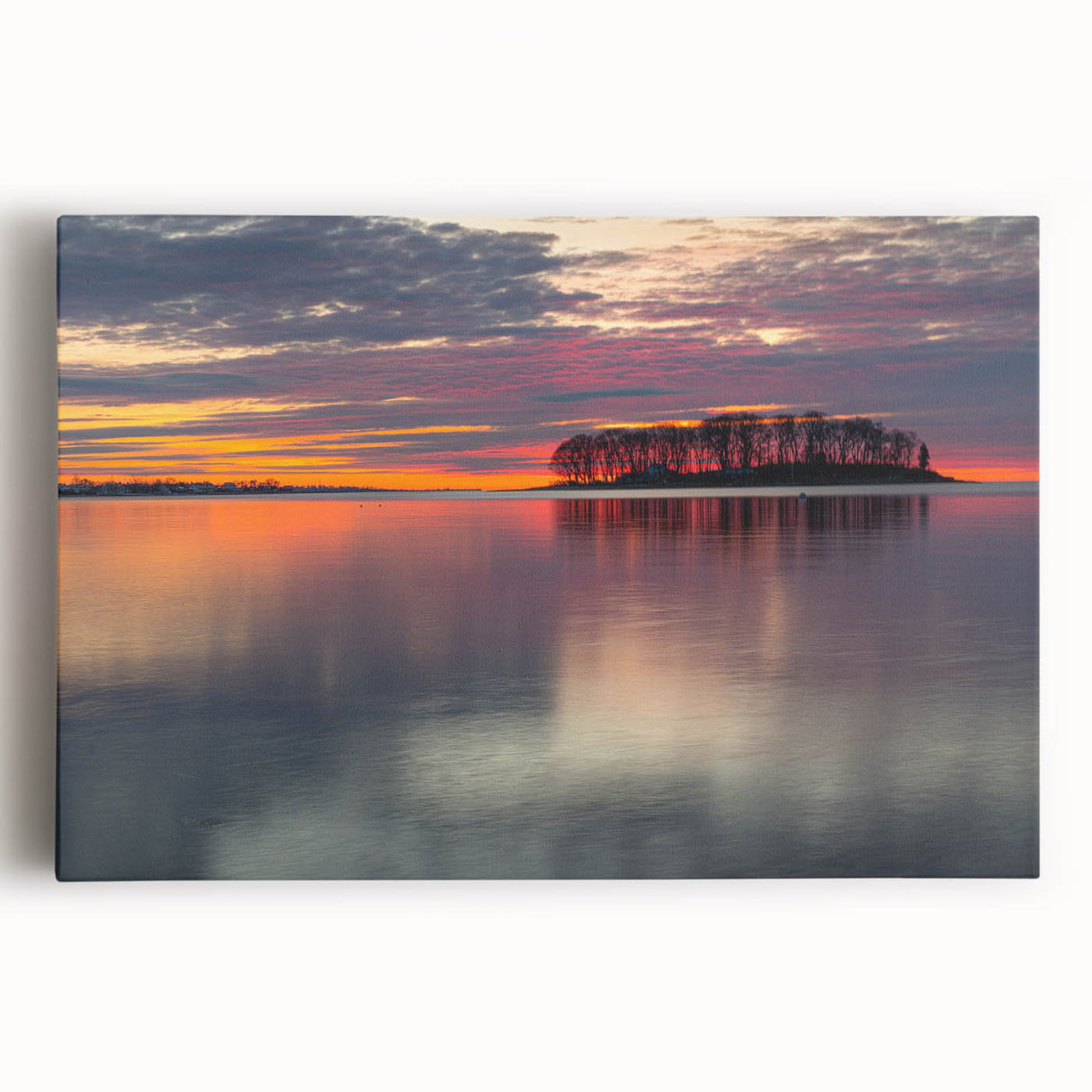 Black and white stretched canvas depicting a serene Connecticut landscape, ideal for kitchen wall art.