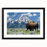 Colorful abstract art print of the Grand Tetons in muted earth tones on a textured, extra large canvas.