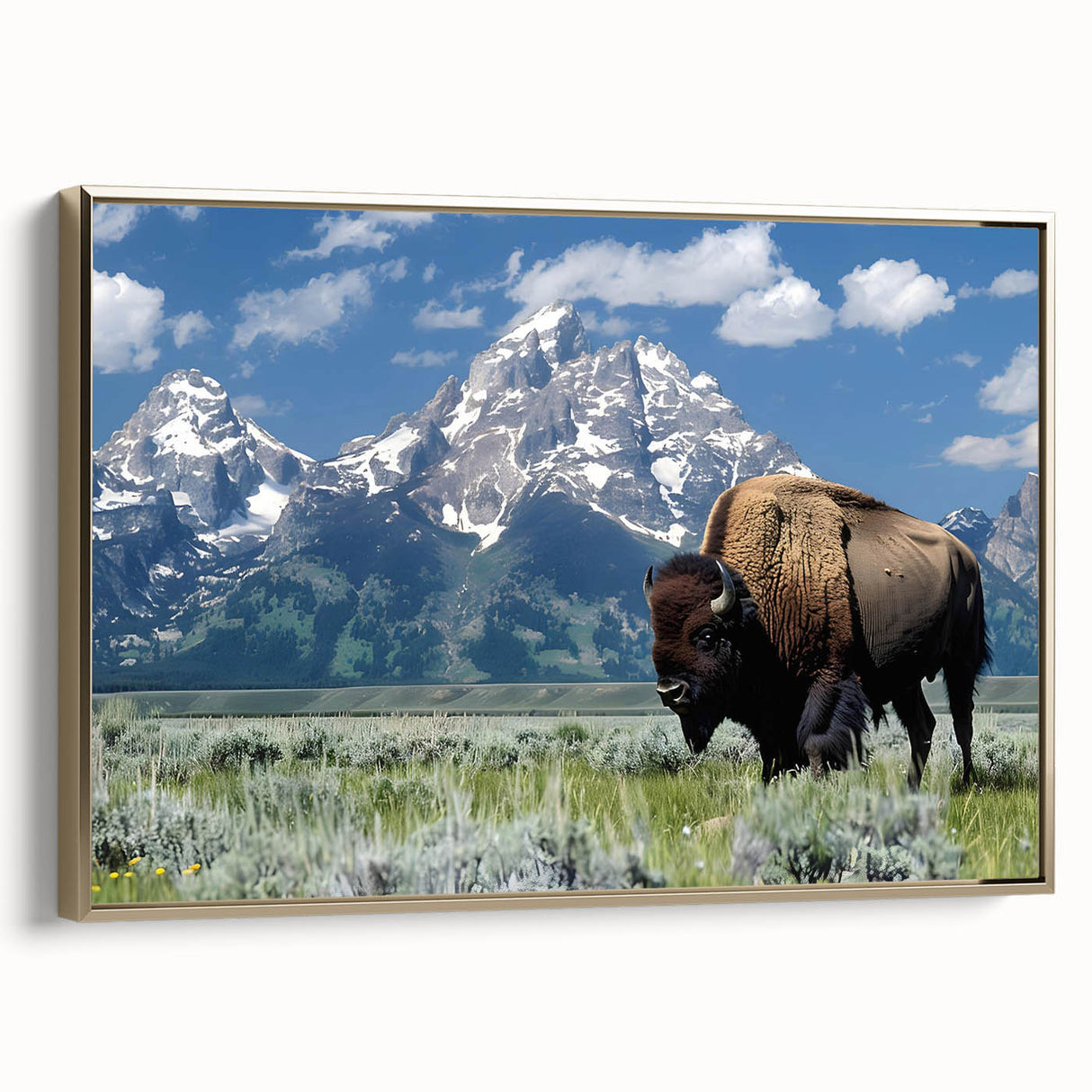 Framed canvas depicting the Grand Tetons under a clear sky, executed in a vintage poster style, ideal for bedroom wall art.