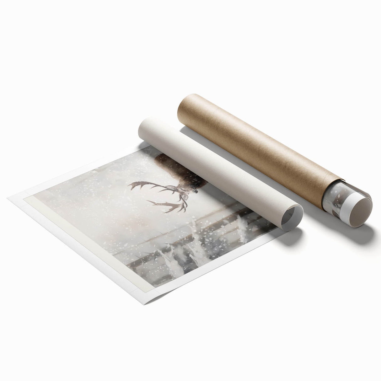 Extra large rolled canvas print featuring a winter-themed floral art in muted blues and whites.