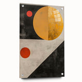 Abstract minimalist wall art design displayed in a side view, featuring vibrant colors and geometric shapes, mounted with decorative pins on acrylic glass.