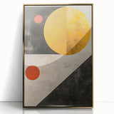 Framed abstract minimalist wall art showcasing gold accents on a sleek acrylic surface, ideal for modern home decor and artistic interior design enhancement.