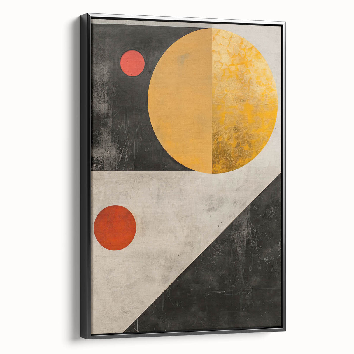 Abstract minimalist wall art in a sleek black frame, showcasing geometric patterns and a modern design from a side view, perfect for contemporary decor.