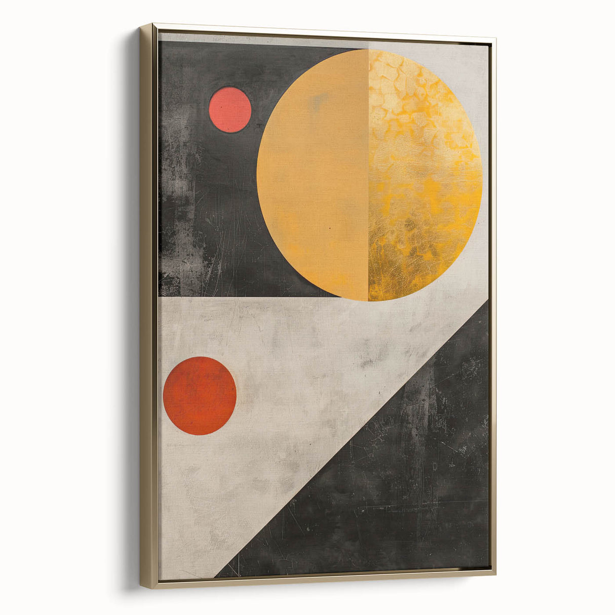 Framed abstract minimalist wall art in gold tones, showcasing elegant geometric shapes and sleek lines, perfect for modern home decor and artistic interiors.