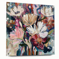 Abstract floral design on an acrylic glass art piece, displayed in a side view, showcasing vibrant colors and intricate details, perfect for modern decor.