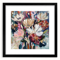 Abstract floral frame artwork in a sleek black mat, showcasing vibrant colors and intricate designs, perfect for enhancing modern home decor aesthetics.