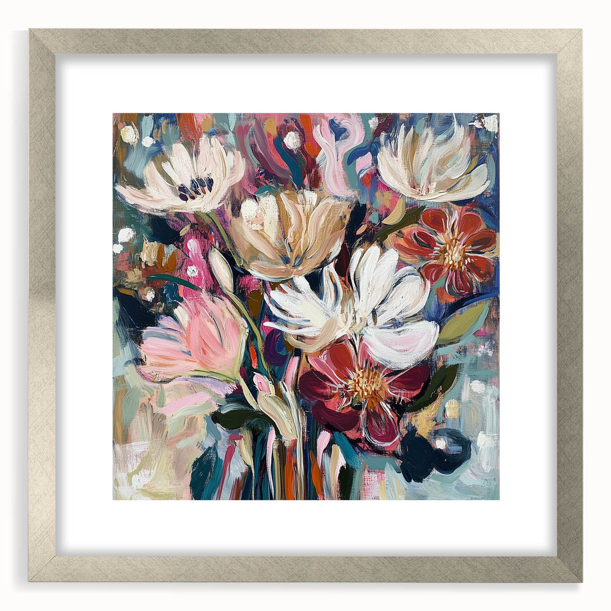 Abstract floral frame with a silver mat, showcasing intricate designs and a modern aesthetic, perfect for enhancing interior decor and adding elegance to any space.