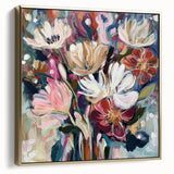 Framed abstract floral canvas artwork in silver and gold hues, showcasing intricate designs that add elegance to any modern decor setting. Ideal for home or office.