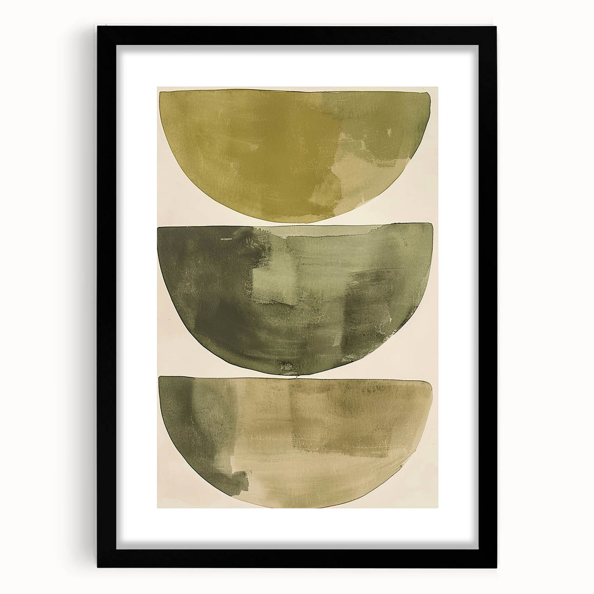 Minimalist abstract wall art framed in black with a white mat, showcasing geometric shapes in soft pastel tones. Ideal for modern home decor.