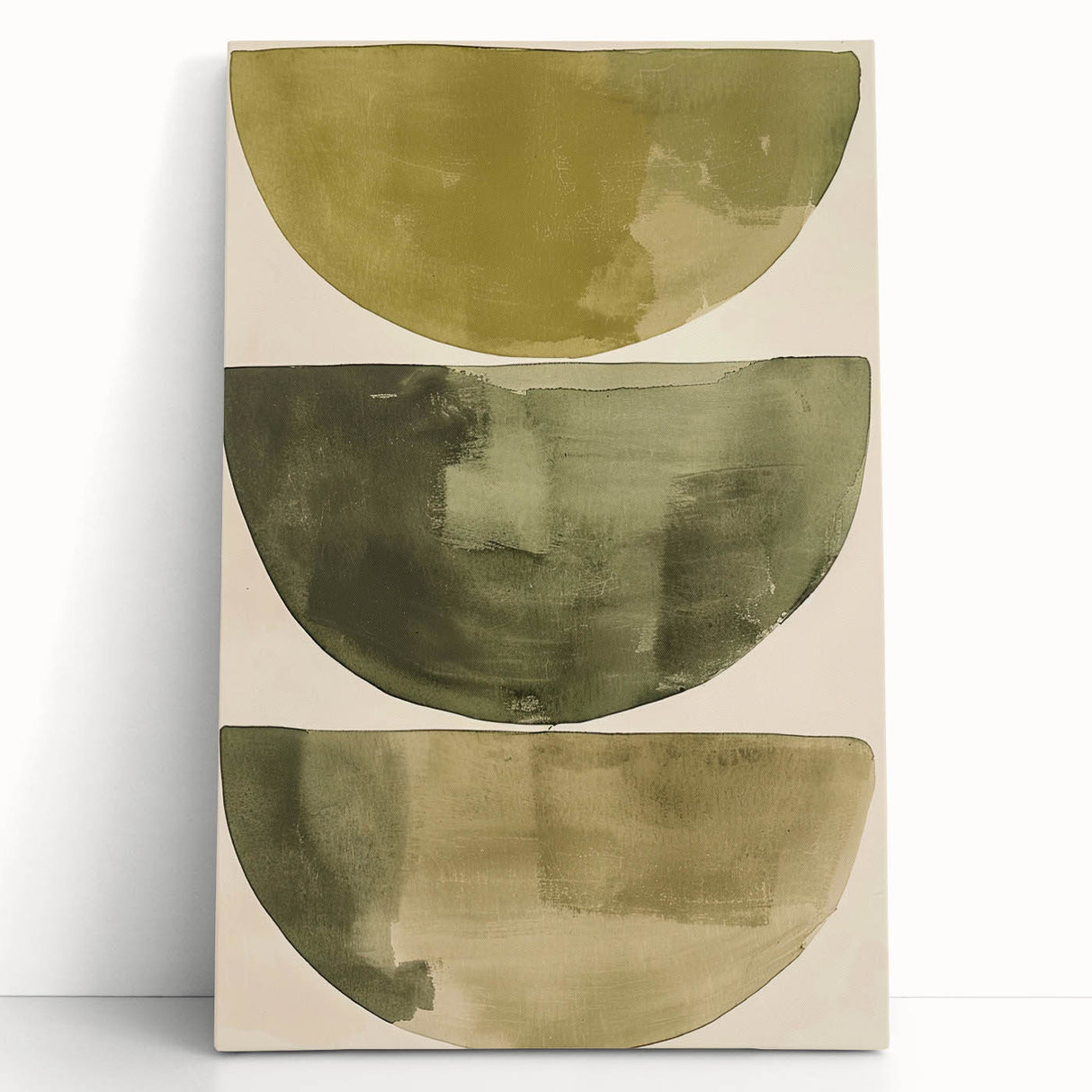 Abstract minimalist wall art on stretched canvas, featuring soft pastel colors and geometric shapes, leaning against a wall, perfect for modern decor.