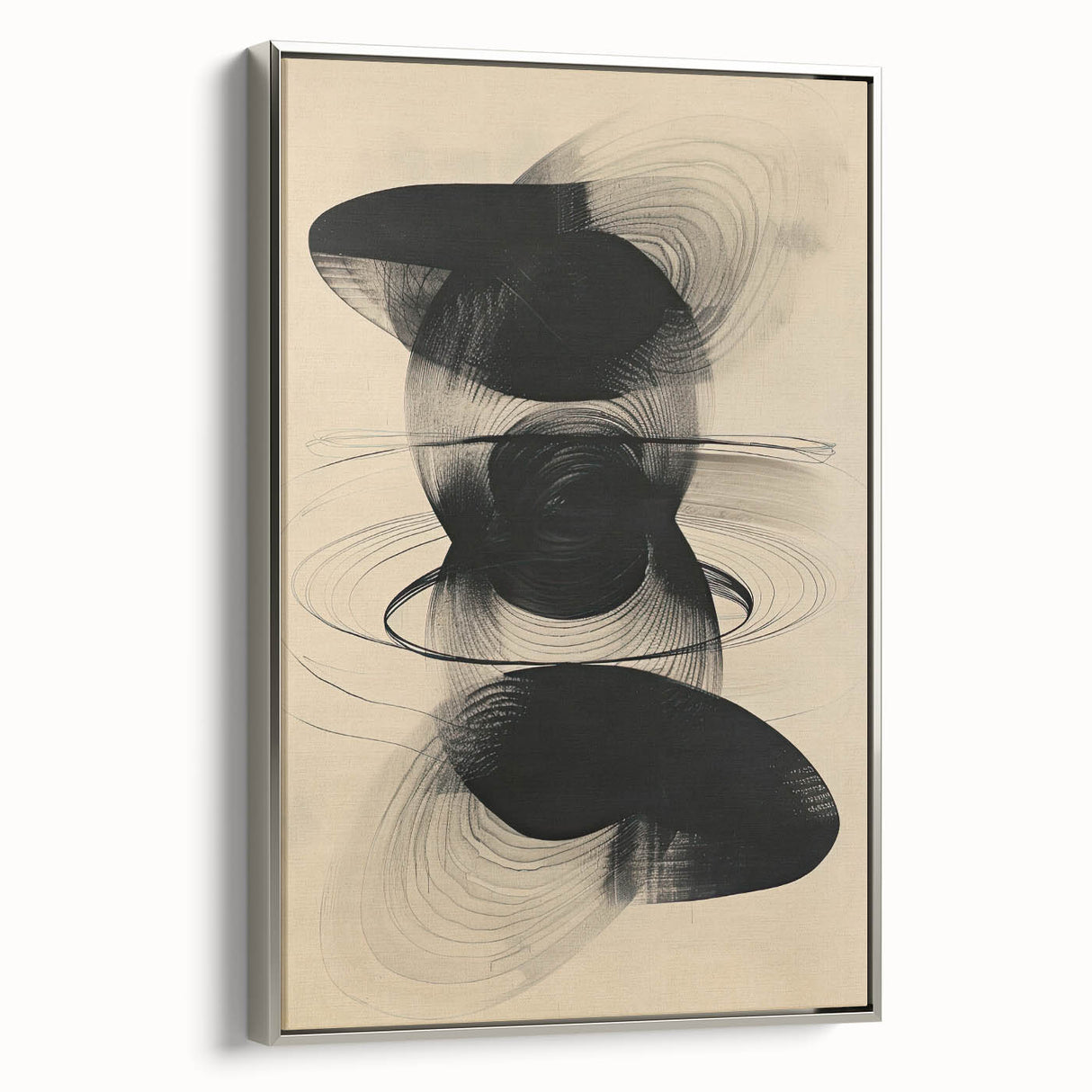 Framed minimalist abstract wall art showcasing a sleek silver frame and modern design, ideal for contemporary home decor, viewed from the side.