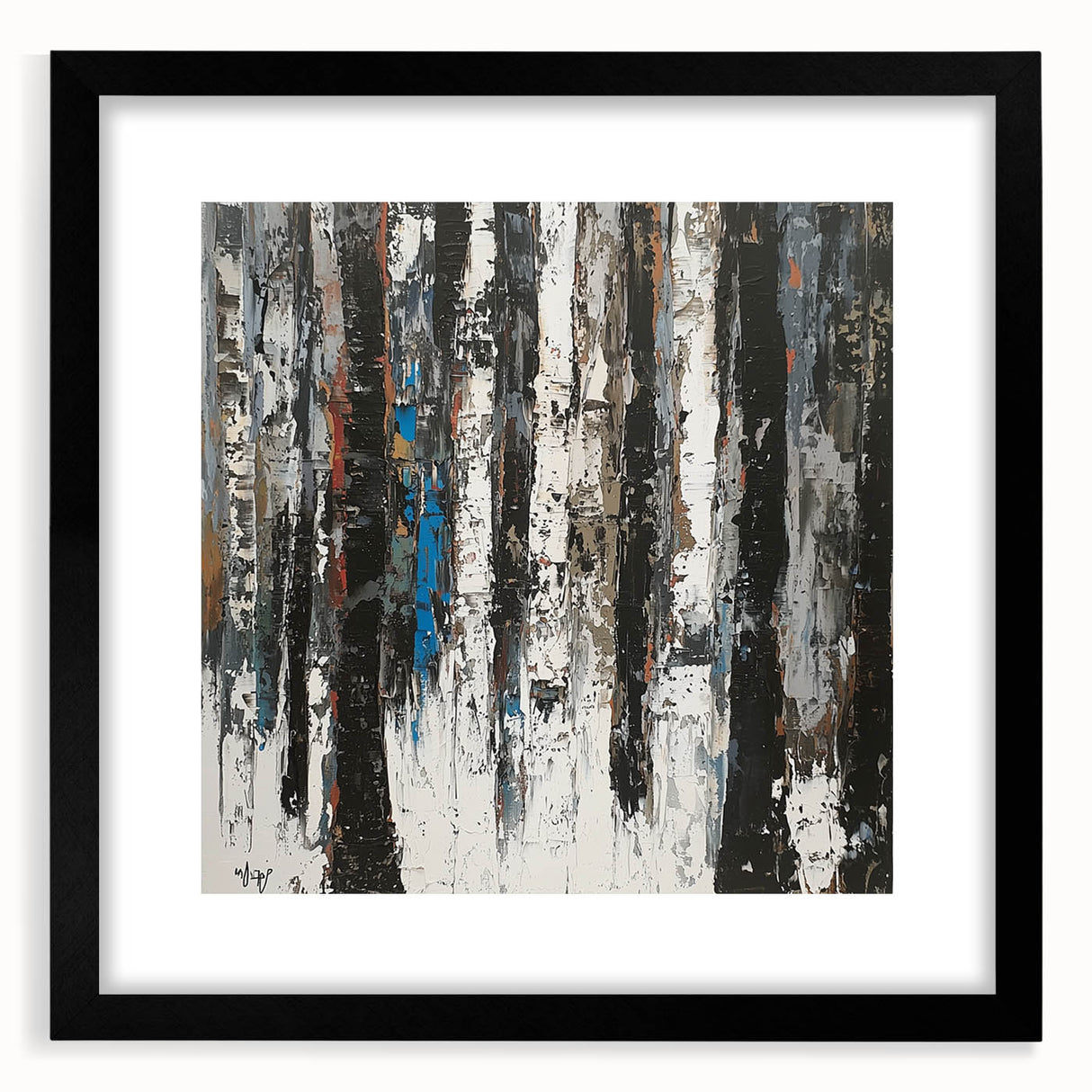 Black-framed abstract floral wall art print with a white mat, showcasing vibrant colors and intricate designs, perfect for modern home decor.