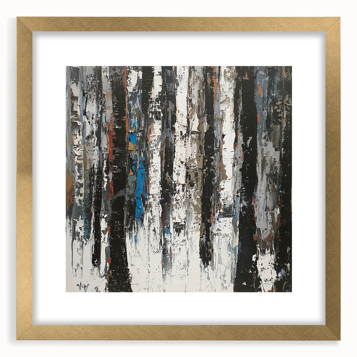 Abstract floral wall art design featuring vibrant colors and intricate patterns, framed in a sleek gold mat, ideal for modern home decor. This artwork adds elegance to any space while highlighting a contemporary aesthetic.