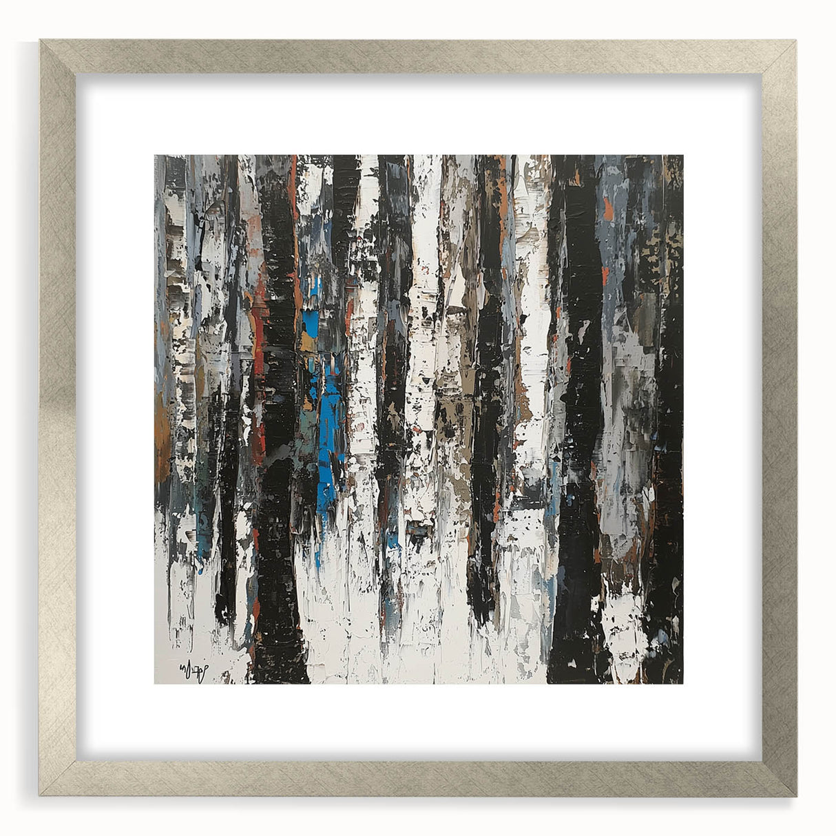 Abstract floral art frame with a silver mat, showcasing vibrant flowers and intricate details, perfect for modern decor or gifting. Ideal for enhancing living spaces.