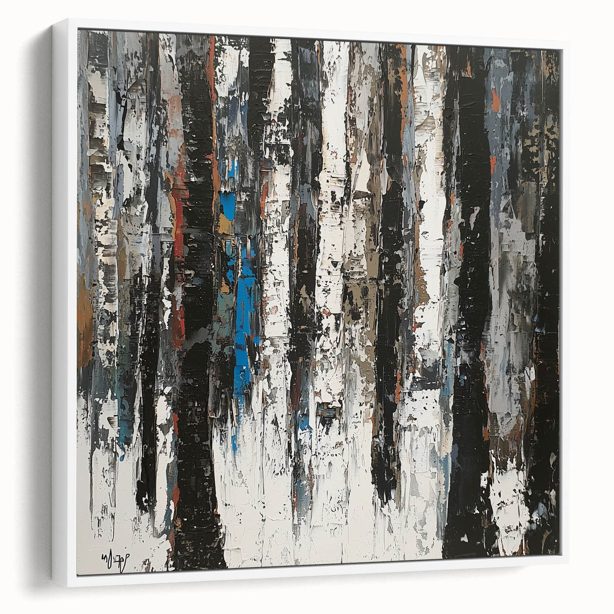 Framed abstract floral canvas artwork displayed against a white background, showcasing vibrant colors and intricate details, ideal for modern home decor.