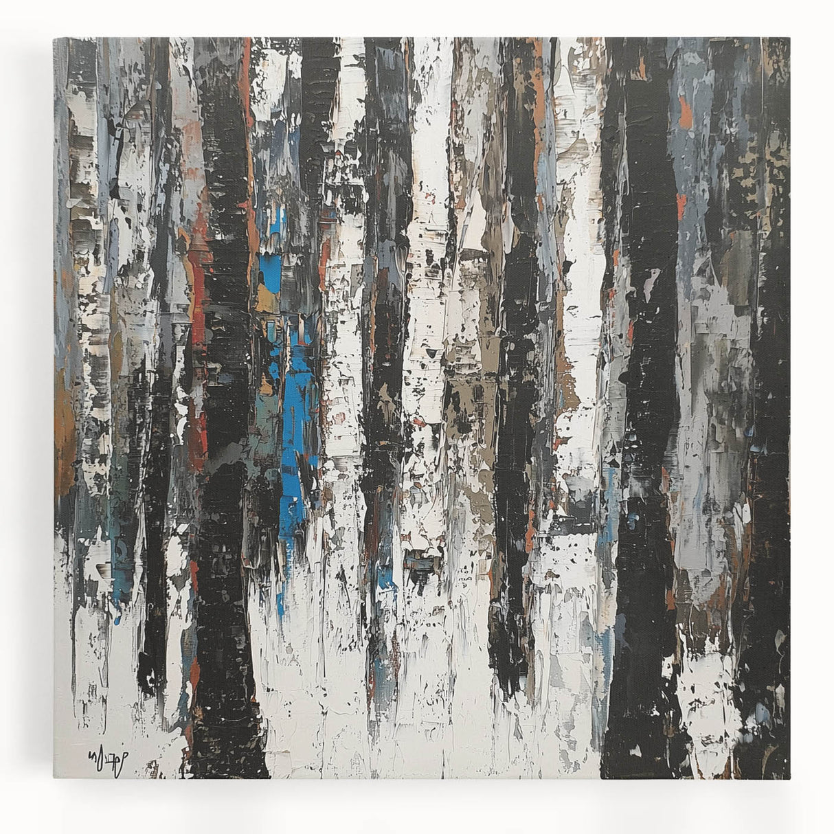 Abstract floral canvas artwork showcasing vibrant hues of blue, pink, and green, elegantly stretched on a frame, perfect for contemporary home decor.