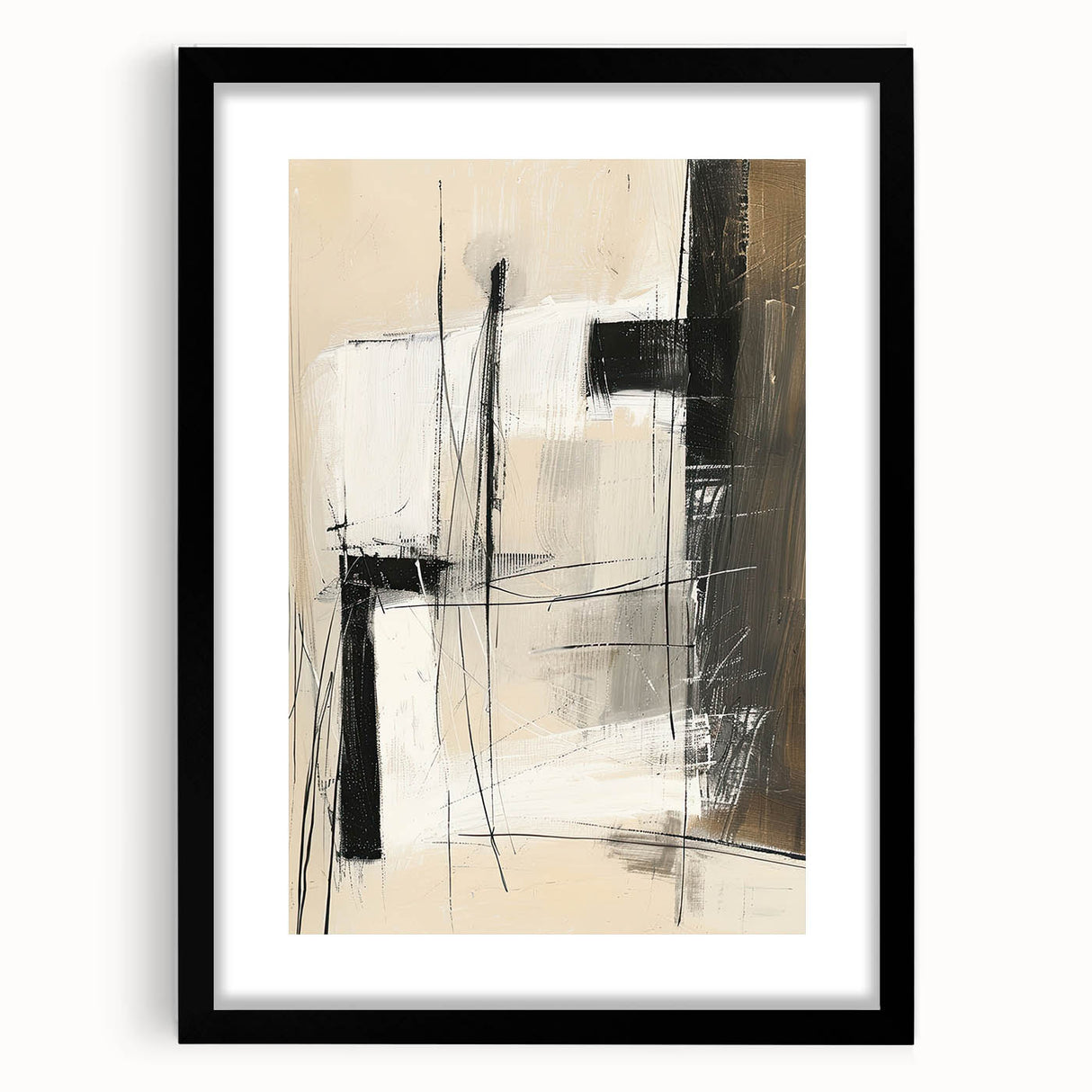 Abstract minimalist wall art framed in black showcases a geometric design with soft neutral tones, ideal for modern home decor or office settings.
