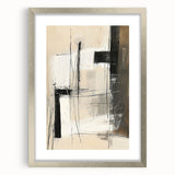 Abstract minimalist wall art framed in silver with a white mat, showcasing geometric shapes and soft neutral tones, perfect for modern home decor.