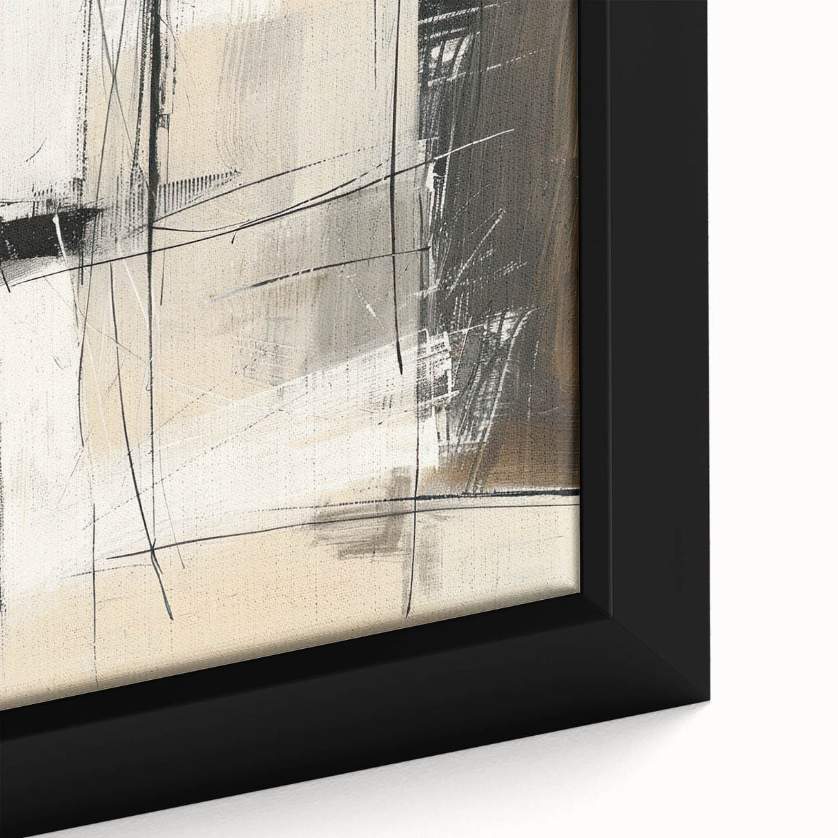 Close-up of a framed canvas displaying abstract minimalist wall art in soft pastel colors, featuring geometric shapes and an elegant design, perfect for modern decor.