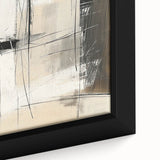 Close-up of a framed canvas displaying abstract minimalist wall art in soft pastel colors, featuring geometric shapes and an elegant design, perfect for modern decor.