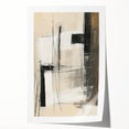 Abstract minimalist wall art print in soft pastel colors, showcasing geometric shapes and flowing lines, elegantly rolled in a protective cardboard tube for display.