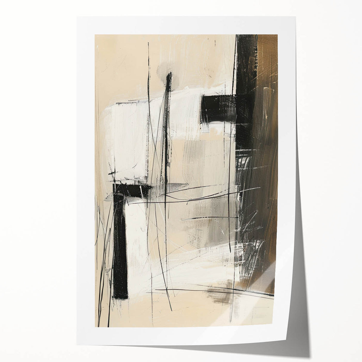 Abstract minimalist wall art print in soft pastel colors, showcasing geometric shapes and flowing lines, elegantly rolled in a protective cardboard tube for display.