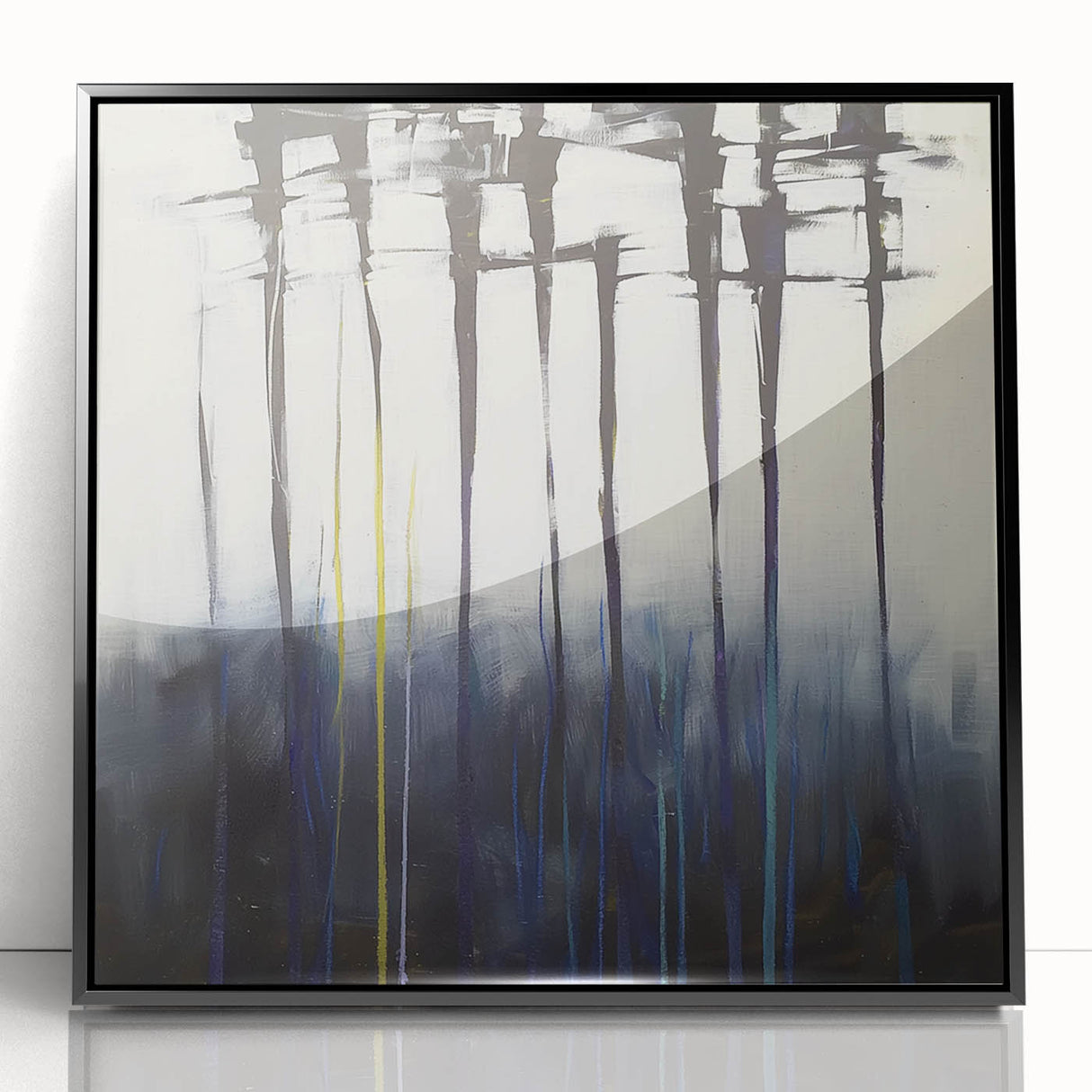 Framed acrylic artwork showcasing an abstract floral design in vibrant colors, featuring a sleek black frame that enhances its modern aesthetic. Perfect for contemporary interior decor.