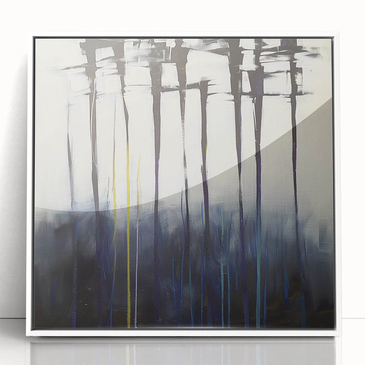 Framed acrylic artwork showcasing vibrant abstract florals in bold colors, set against a sleek white background, perfect for modern home decor.