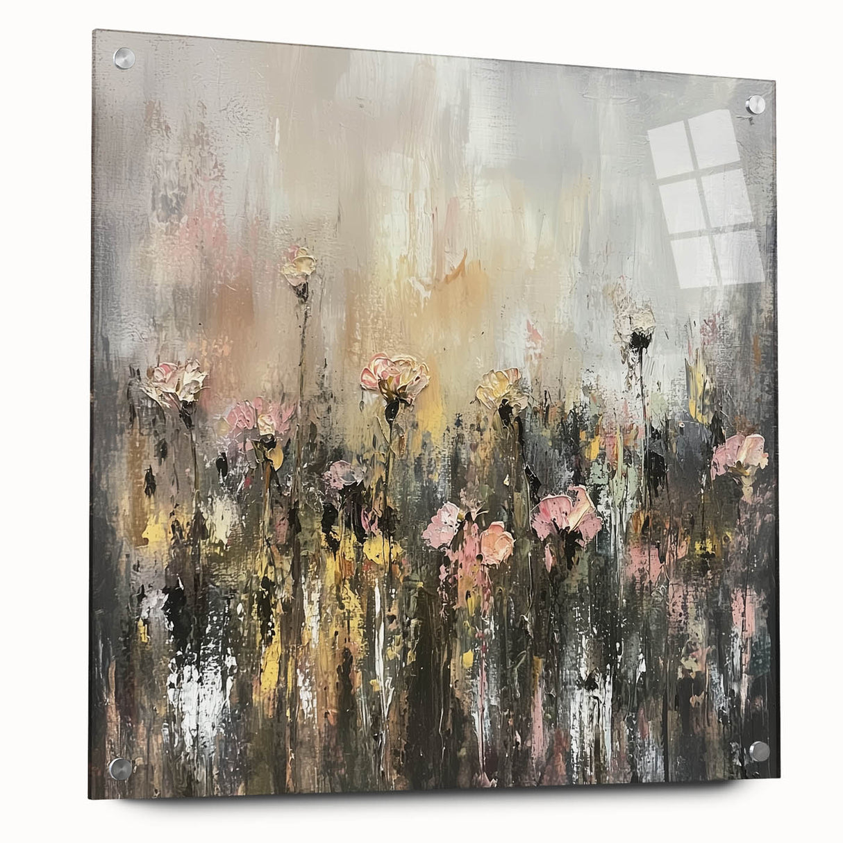 Abstract floral acrylic glass artwork showcasing vibrant colors and intricate designs, displayed from a side view with decorative pins for hanging, ideal for modern decor.