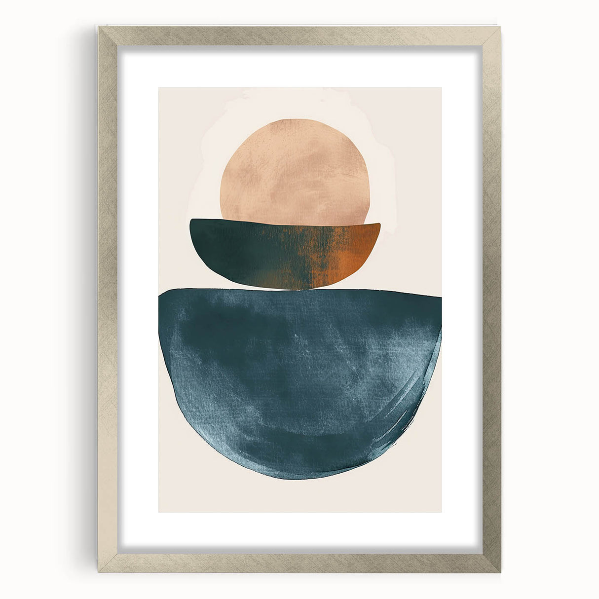 Abstract minimalist wall art framed in silver with a white mat, showcasing geometric shapes and soft color gradients, ideal for modern home decor.