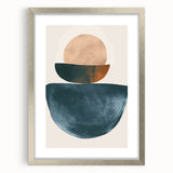 Abstract minimalist wall art framed in silver with a white mat, showcasing geometric shapes and soft color gradients, ideal for modern home decor.