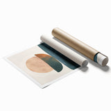 Abstract minimalist wall art print featuring soft pastel colors and geometric shapes, elegantly rolled for shipping in a protective cardboard tube. Ideal for modern home decor.