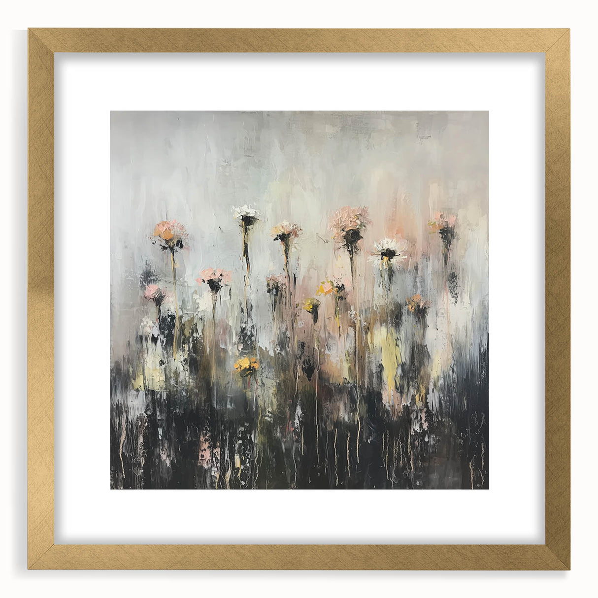 Abstract floral frame in gold with a mat, showcasing a modern artistic design. Perfect for home decor or gallery display, enhancing any interior space.