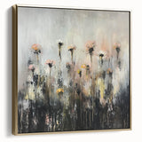 Framed canvas artwork showcasing an abstract floral design in silver and gold hues, set against a textured background, ideal for modern home decor.