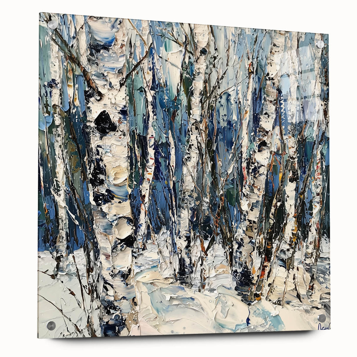 Abstract floral acrylic glass artwork displayed from a side view, showcasing vibrant colors and intricate designs, secured with decorative pins for an artistic touch.