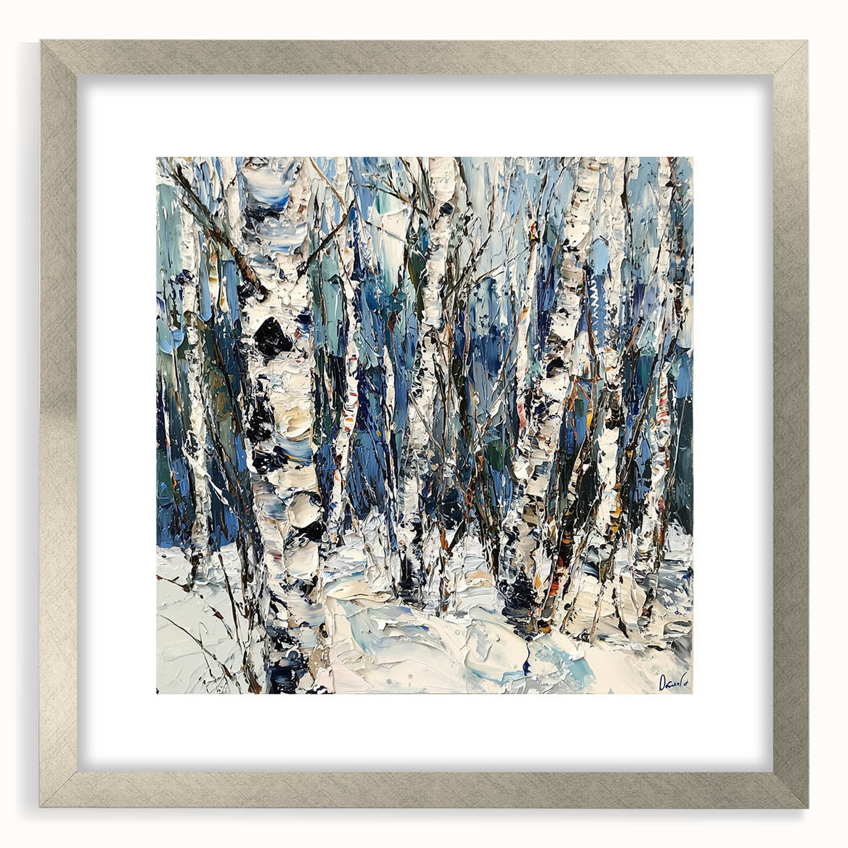 Abstract floral frame with a silver mat, showcasing intricate floral designs in vibrant colors, perfect for enhancing modern decor in homes or offices.