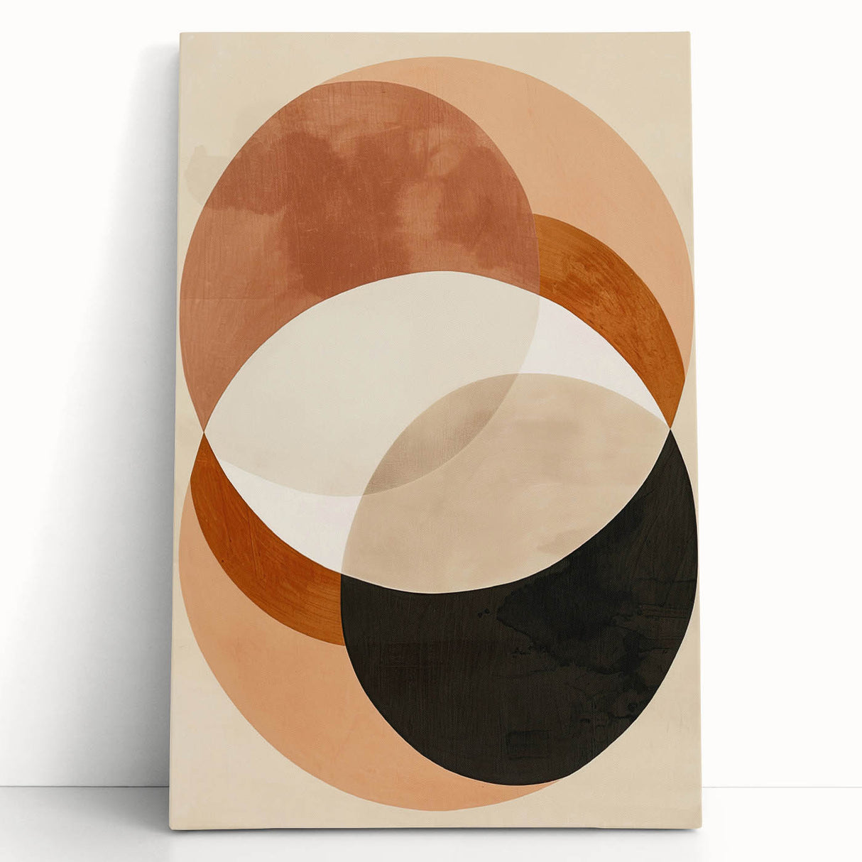 Abstract minimalist wall art on stretched canvas, featuring soft pastel colors and geometric shapes, leaning against a neutral wall, enhancing modern decor.