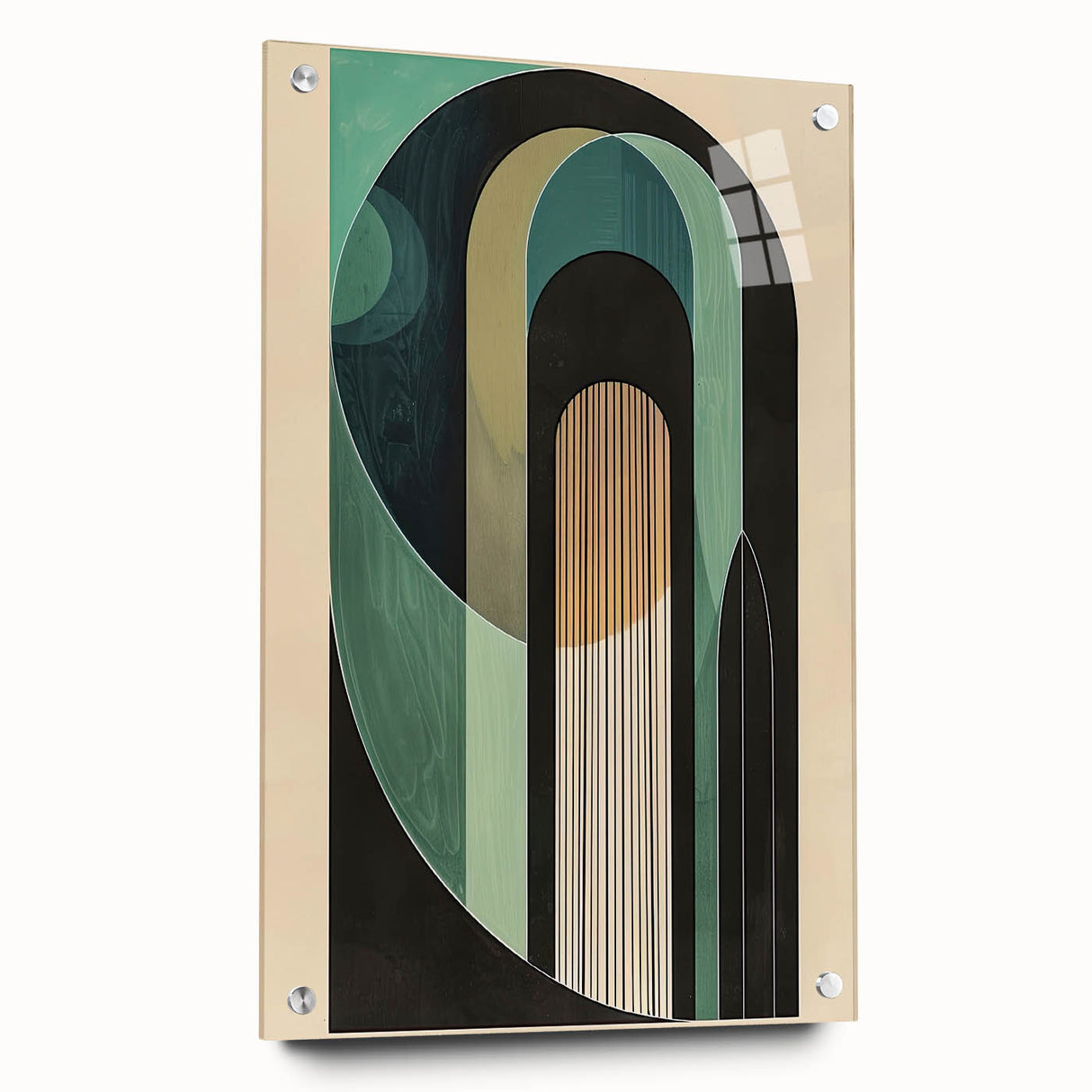 Abstract minimalist wall art displayed in a side view on acrylic glass, featuring vibrant colors and geometric designs, secured with decorative pins for a modern aesthetic.