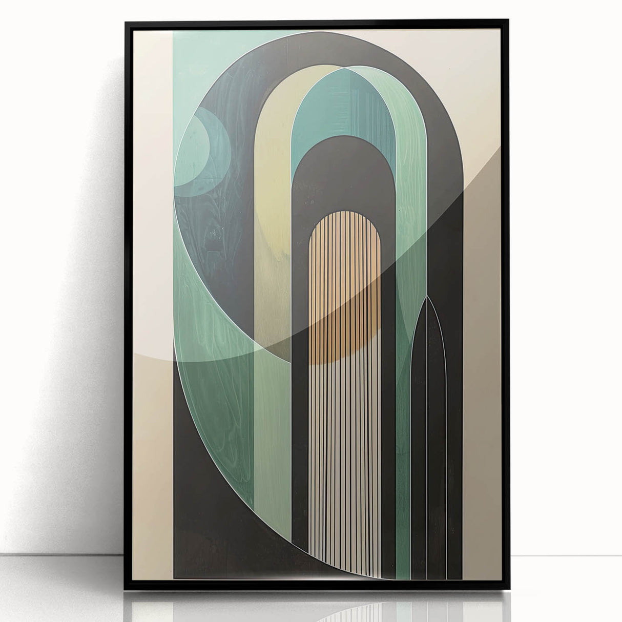 Framed abstract minimalist wall art featuring geometric shapes in black and white, displayed from the front to showcase its sleek modern design, perfect for contemporary decor.